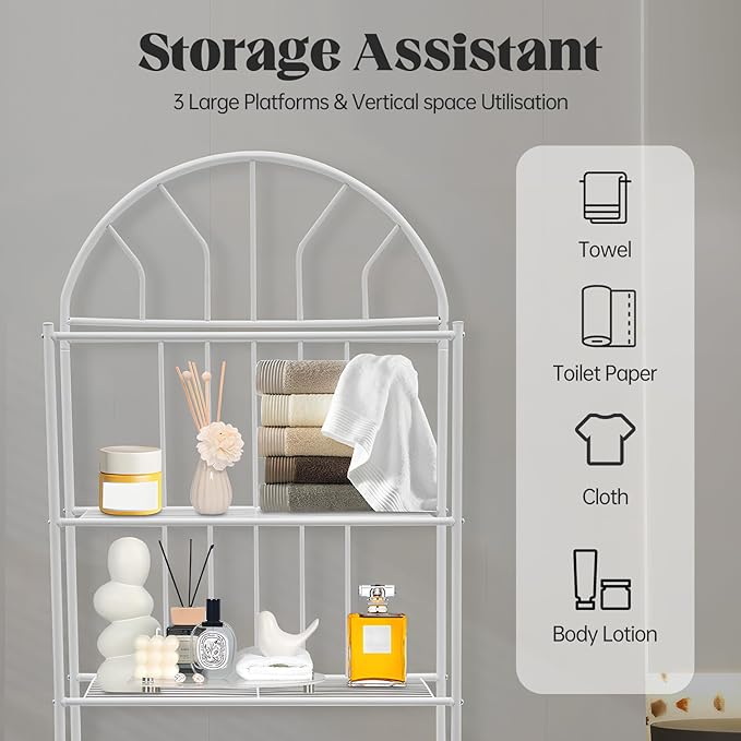 3-Tier Over The Toilet Storage Rack – Sturdy Metal Bathroom Organizer Shelf with 55 lbs Capacity, Freestanding Over Toilet Shelf Space Saver for Towels, Toiletries & Laundry, White