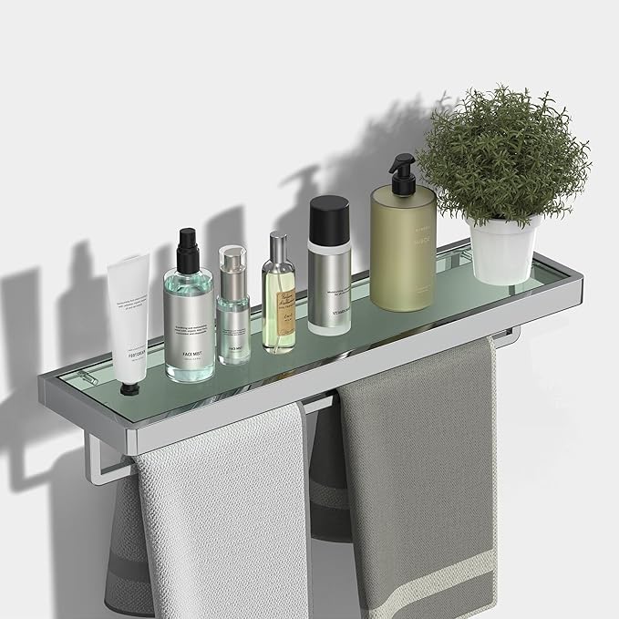 Bathroom Shelves Glass Bathroom Shelf with Towel Bar, Floating Shelves for Living Room/Study Room Tempered Glass Rectangular 1 Tier Organizer Wall Shelf (Chrome Polished, 20'')