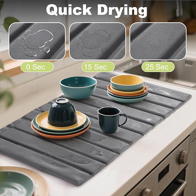 Large Stone Drying Mat for Kitchen Counter, Ultra Absorbent Diatomaceous Earth Mat with PU Leather Cover Fast Drying Collapsible, Dish Mats for Dishes Buttles Cups Countertop Gray 23.6"x15.3"