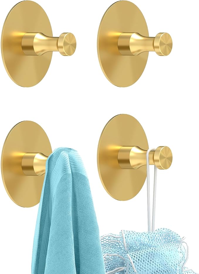Adhesive Hooks for Walls No Damage 4 PCS, Heavy Duty Aluminum Strong Adhesive Towel Hooks for Bathrooms for Inside Shower for Hanging Loofah, Clothes, Robes
