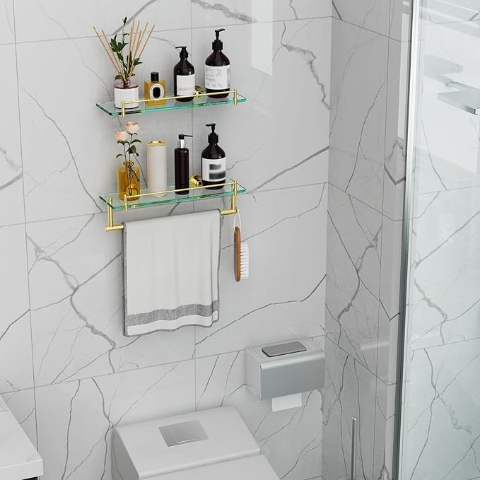 Towel Rack with Shelf 16 Inch, Bathroom Shelf with Towel Bar Tempered Glass, Brushed Gold Modern Rustproof Stainless Steel Wall Mount