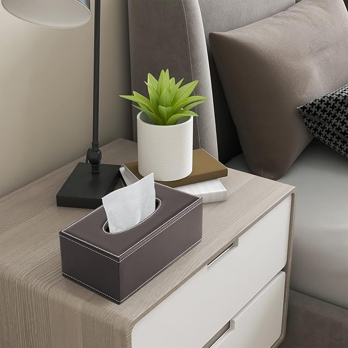 KINGFOM Rectangular PU Leather Tissue Box Cover - Facial Tissue Paper Napkin Holder for Bathroom, Home, Office, Car Automotive Decoration with Magnetic Bottom(Brown)