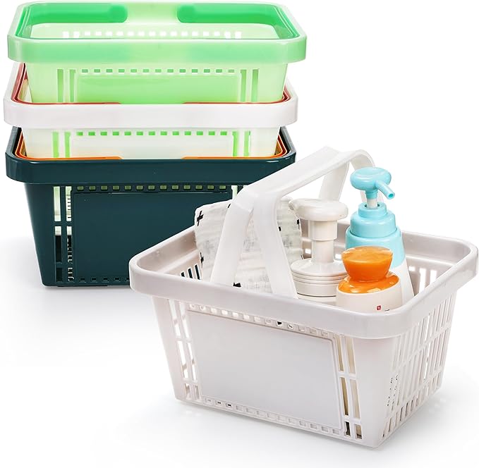 4 Pack Portable Shower Caddy Basket, Small Plastic Shopping Baskets with Handle for Retail Store, Potable Stackable Storage Basket Organizer Bin for Bathroom, Pantry, Kitchen