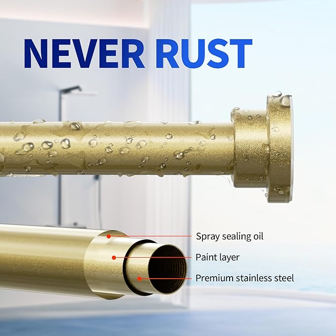 Shower Curtain Rod, 1" Diameter Heavy Duty Tension Shower Rod, Non Slip Adjustable 28-74 inch No Drilling Shower Curtain Rods Spring Tension For Bathroom, Shower Stall, No Rust, Chrome Gold