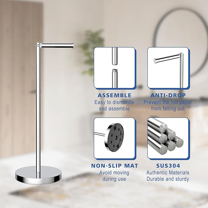 Free Standing Toilet Paper Rack, SUS304 180 Degree Rotatable Tissue Holder with Shelf, Polished Chrome Bathroom Storage Toilet Roll Stand