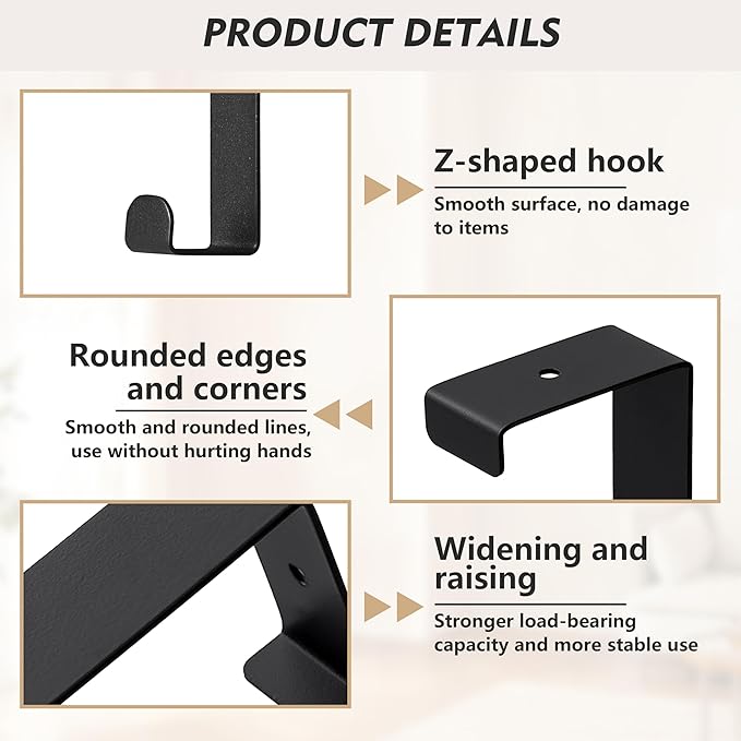 Over The Door Hooks, 2-Pack Heavy Duty Towel Rack Hanger for Bathroom, Bedroom, Dorm Room, Fixed Door Hooks for Hanging Robe, Coat, Towel, Organizer (Black)