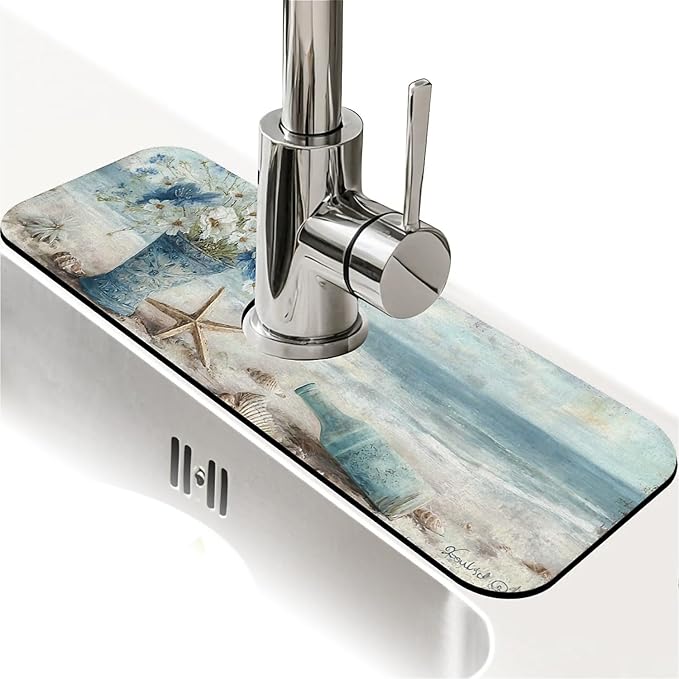 Kitchen Sink Splash Guard，ornate vase,beach Faucet Mat Sink Gadgets-Super Absorbent Fast Drying Mat Drip Catcher for Kitchen, Bathroom,Sink Mat, Dish Drying Mat, Bathroom(15" X 5.5" )