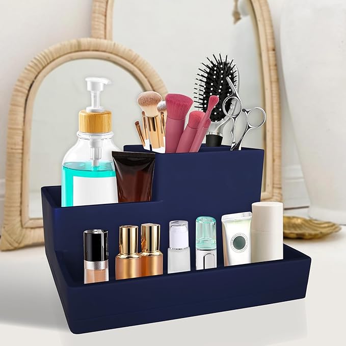 Toothbrush Holder, Bathroom Countertop Organizer, Bathroom Accessory Storage, Vanity Multi Use Holder for Electric Toothbrush Toothpaste Razor Mouthwasher and Others (Rubber Paint Navy Blue)