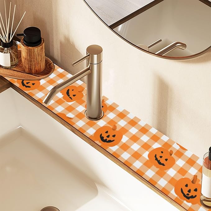 Halloween Orange Plaid Pumpkins Kitchen Sink Splash Guard Faucet Mat Diatomite Absorbent Pad for Bathroom RV 14.7x5.4in 1PCS water