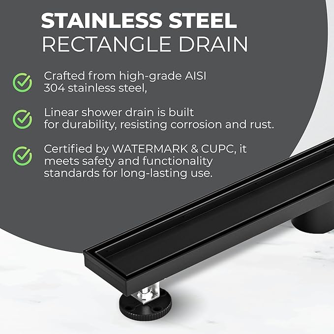 36 Inch Rectangular Linear Shower Drain Set with Reversible Flat & Tile Insert Cover, 304 Stainless Steel Bathroom Floor Drain with Hair Catcher, Shower Floor Drain Includes Adjustable Leveling Feet