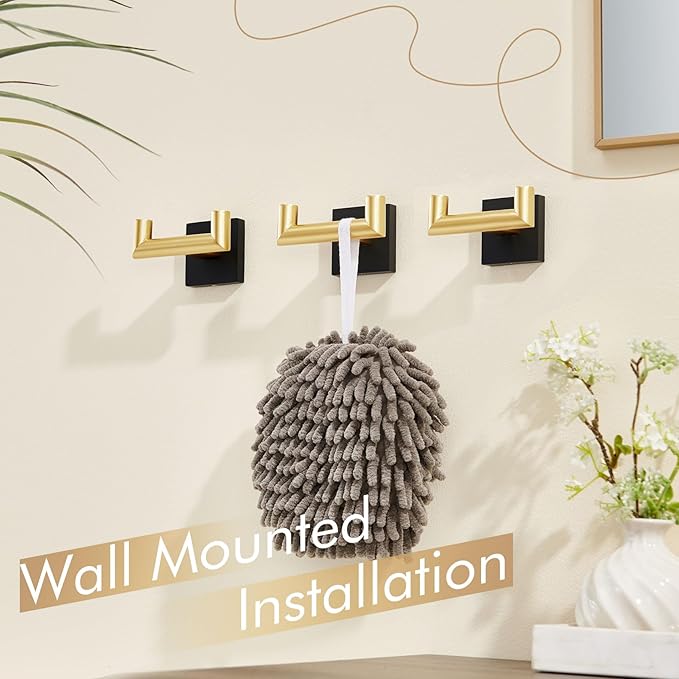 KOKOSIRI Robe Hooks Bath Towel Hooks Bathroom Hardware Double Coat Hooks Wall Mounted, Stainless Steel 3 Pack Black with Gold B1015GDK-P3