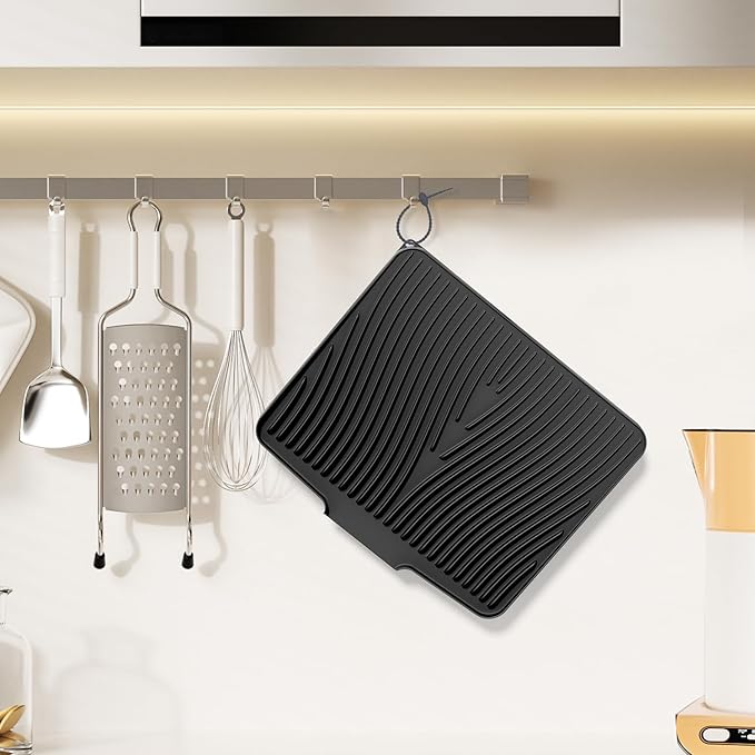 Silicone Dish Drying Mat for Kitchen Counter, 19.7" x 17" Dish Drying Pad, Non-Slip Drain Pad with Built-in Drain, Heat Resistant Stone Drying Mat, Black