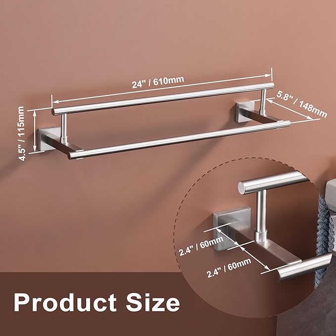 Bath Double Towel Bars, Towel Racks SUS304 Stainless Steel, Towel Holder for Bathroom Wall Mount, Towel Hanger Rail Accessories, 2-Tiers (Brushed Nickel, 24 Inch)