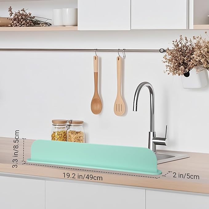 19.29 inch Kitchen Sink Splash Guard, Silicone Sink Baffle Splash Guard, Backsplash Protector for Kitchen Countertop & Bathroom Bathtub with Non-Slip Strong Suction, Mint Green