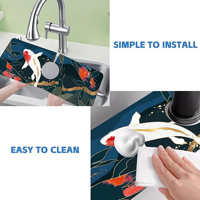 Oriental Japanese Koi Fish Sink Faucet Absorbing Mat Sink Splash Guard Faucet Mat Draining Mat Fast Drying Sink Protectors for Kitchen and Bathroom 5.5"×15"