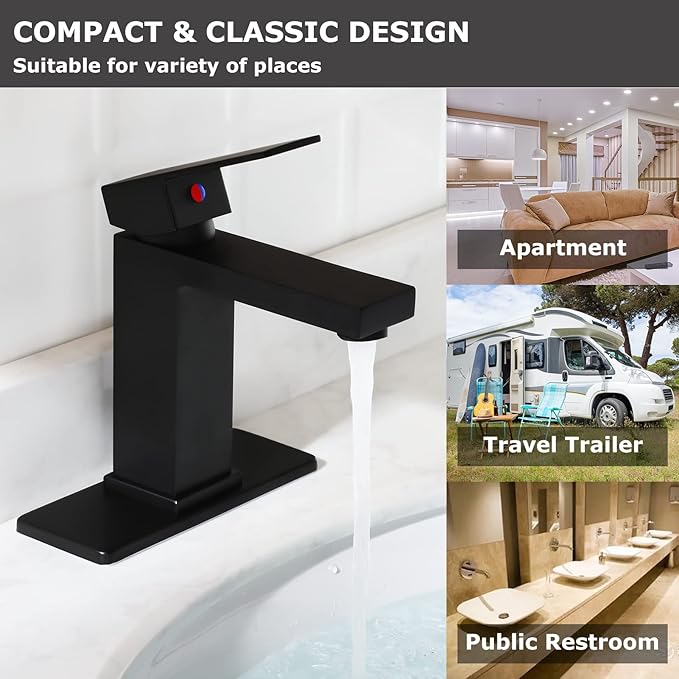 Brass Single-Handle Bathroom Sink Faucet with Escutcheon, Pop Up Drain Stopper & Water Supply Hoses, Matte Black, 14253