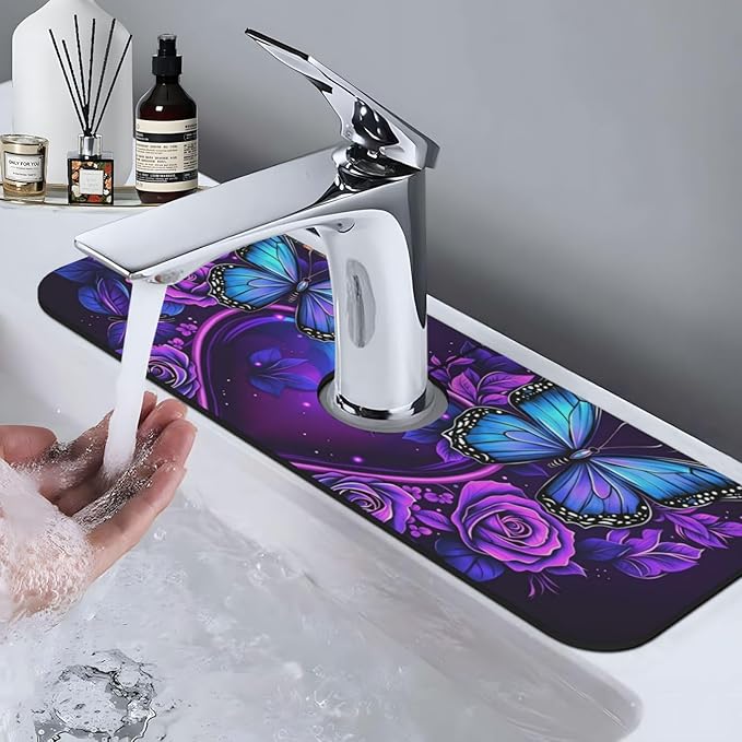Butterfly Heart Roses 15" X 5.5" Kitchen Sink Splash Guard, Faucet Guard Draining Mat, Faucet Suction Pad For Kitchen Bathroom