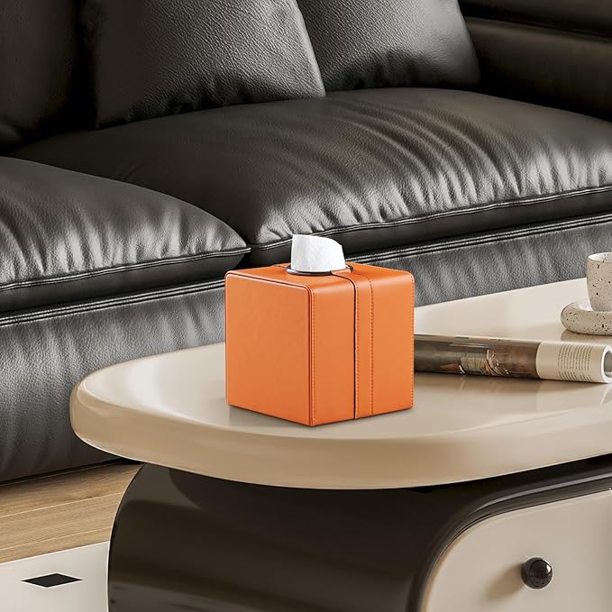 Square Tissue Box Cover, Luxury PU Leather Tissue Holder with Magnetic Closure (Orange)