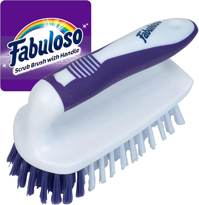Fabuloso Cleaning Brush with Handle, Compact Handheld Household Scrub Brush for Kitchen, Bathroom, Baseboards, Tile and Floors, Firm Bristles for Indoor Surface Cleaning, White and Purple, 5.5 Inch