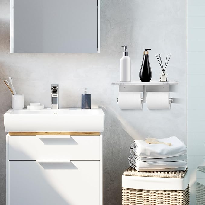 Toilet Paper Holder with Shelf, Double Toilet Paper Holder Wall Mount and 2PCS Free Adhesive Hooks for Bathroom Washroom, Marble Toilet Paper Holder Brushed Nickel