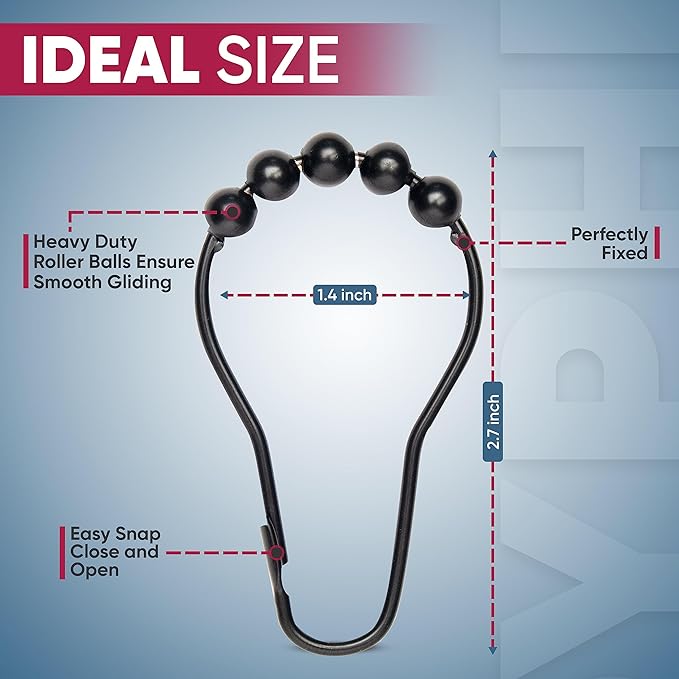 Shower Curtain Hooks Rust Proof (Set of 12) - Stainless Steel Shower Curtain Rings - Anti Slip Roller Balls for Easy Glide (Secure Lock Hooks, Matte Black)