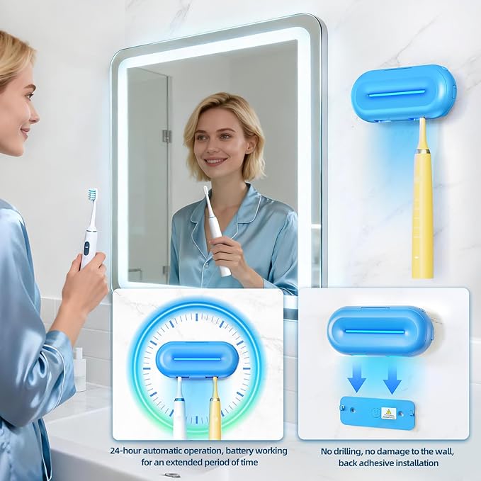 Smart Toothbrush Holder,Heating-Drying,2 Independent Cleaning Chambers,Ultra-Long Running time-10000mAh Rechargeable,Multi-Mode Cleaning,Wall-Mounted,Modern Design,Blue