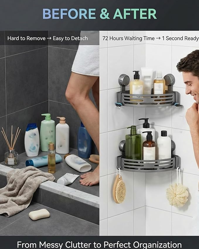 Suction Cup Corner Shower Shelf,No-Drill Bathroom Corner Shelf,Aluminum Wall Mounted Storage Rack Bathtub Shelf,For Bathroom Kitchen