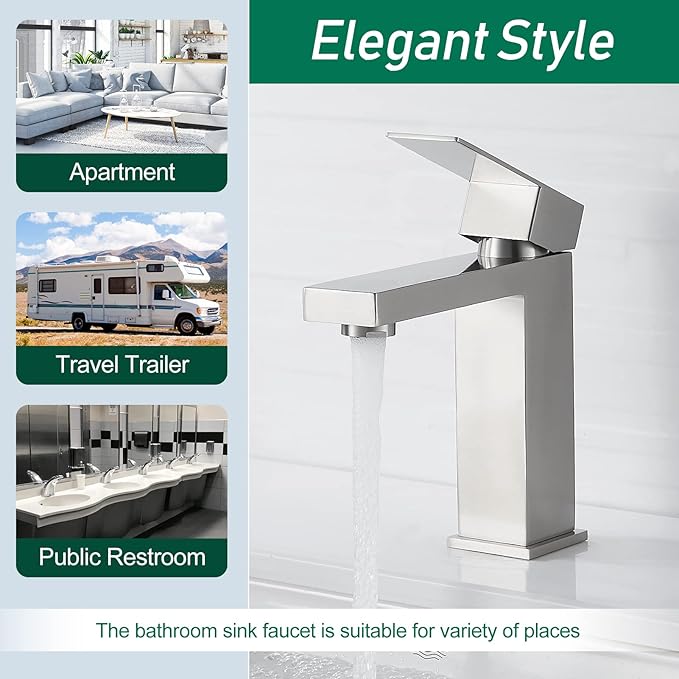 VOTON Bathroom Faucet Brushed Nickel, Modern Single Handle Bathroom Faucets for 1 or 3 Hole Bathroom Sink Faucet Mixer Tap Washbasin Faucet with Deck, Pop-up Drain and Supply Hoses