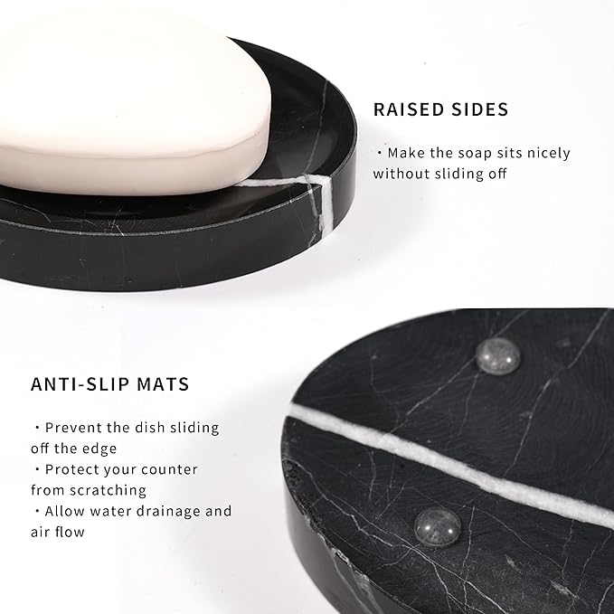 LWAMS Black Marble Soap Dish - Oval Decorative Stone Soap Bar Tray for Bathroom Sink Shower, Marble Sponge Holder for Kitchen Countertop