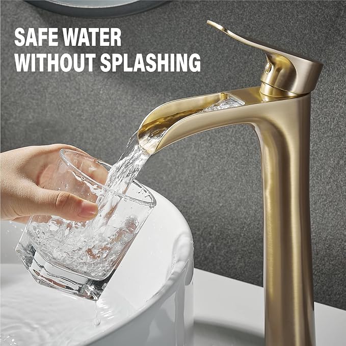 YUNDOOM Vessel Sink Faucet,Chrome Single Hole Single Handle Tall Bathroom Sink Bowl Faucet, Waterfall Bathroom Faucet with Pop Up Drain