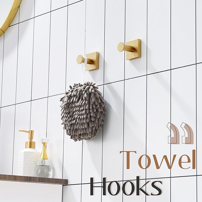 KOKOSIRI Robe Hooks for Wall Bath Towel Hook Holder for Door Shower Kitchen Closet Bathroom Accessories Brushed Gold Stainless Steel 2 Pack, B1016BG-P2