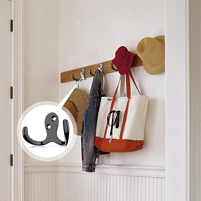 12-Pack Heavy Duty Double Prong Coat Hooks, Metal Wall Mounted Robe & Mug Hooks with 24 Screws for Kitchen, Pantry, Bedroom, Bathroom
