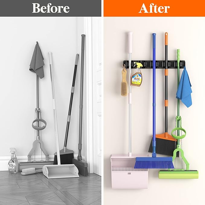 Lifewit Mop and Broom Holder Wall Mount, Anti-Slip Broom Hanger for Kitchen Organization, Heavy Duty Cleaning Supplies Organizer, Easy Install Tool Organizer for Closet, Garage, 2 Pack, Black