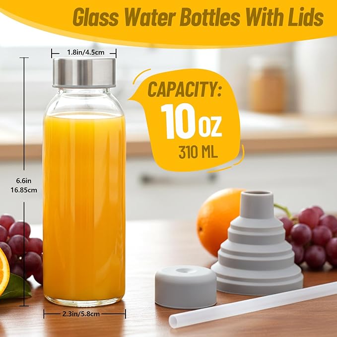 10 oz Clear Glass Bottle with Lid, Reusable Glass Water Bottles with Stainless Steel Cap & Straws for Juicing, Milk, Ginger & Smoothies, Refrigerator, Leak-Proof, Juice Containers Set of 8