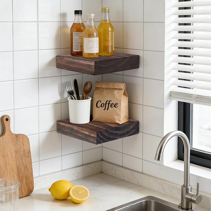 Floating Wall Shelves 6.8x6.8x1.7 Inch – Solid Wood Square Shelves in Walnut Finish – Rustic Mini Display Shelves for Entryway, Bathroom, Small Spaces – Set of 2