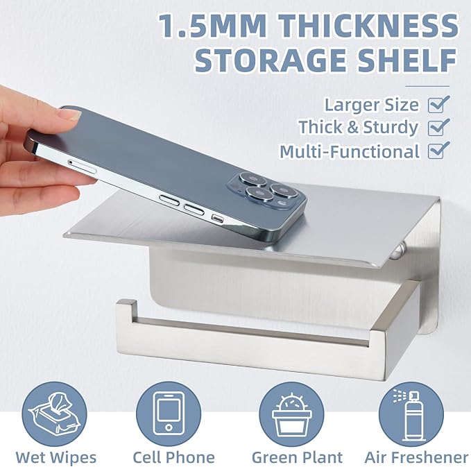 APLusee Brushed Nickel Toilet Paper Holder with Shelf, Left Side 304 Stainless Steel Tissue Roll Hanger, Wall Mounted