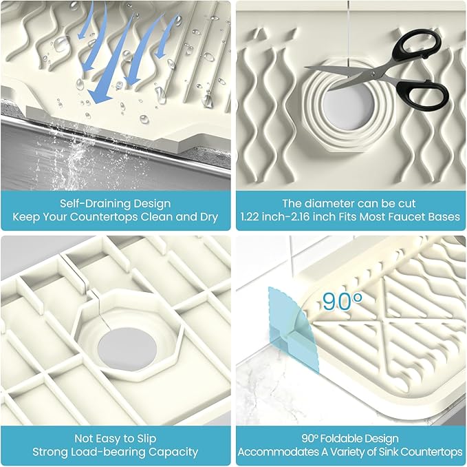 Silicone Faucet Mat Splash Guard, Sink Protectors for kitchen Faucet Mat, 17.1 x 5.9 Inch, Sink Splash Guard Behind the Faucet, Keep Kitchen and Bathroom Sinks Dry (Beige B)