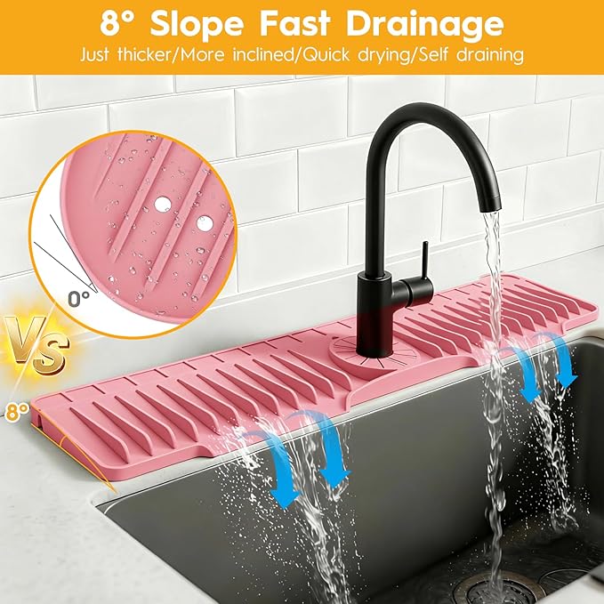 16" Silicone Faucet Mat for Kitchen Sink Released in 2026,8° Slope Fast Self-draining-Kitchen Sink Splash Guard,Bathroom Kitchen Sink Area Water Splash Guard Behind Faucet Draining Mat(Pink)