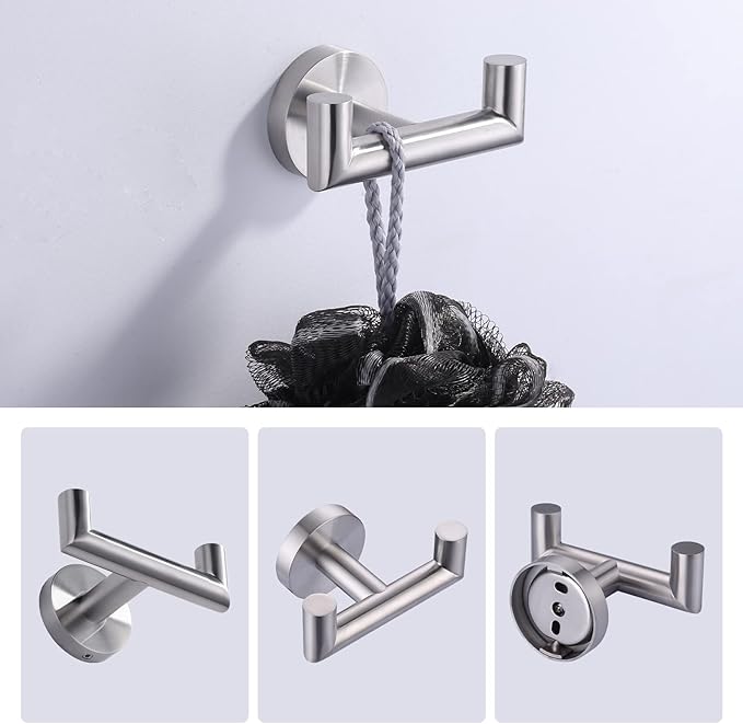 ALEASHA Shower Towel Hook Brushed Nickel, Stainless Steel Towel Hanger, Heavy Duty Double Towel Hook, Towel Holder for Bathroom, Wall Mount Robe Hook