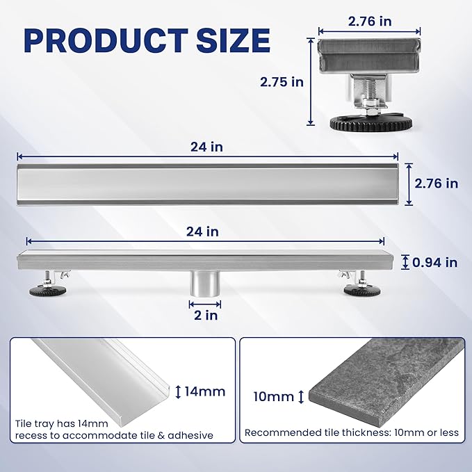 Linear Shower Drain 24 inch with 2-in-1 Flat & Tile Insert Cover - Brushed 304 Stainless Steel Shower Floor Drain - Bathroom Drain with Reversible Cover & Hair Catcher - Includes Cleaning Tools
