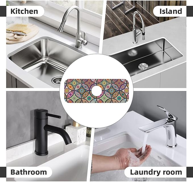 Boho Pretty Mandala Ceramic Rainbow Kitchen Sink Splash Guard Faucet Mat 1 Pcs, Absorbent Fast Drying Mat Gadgets Splash Guard For Bathroom 15 X 5.5 Inches