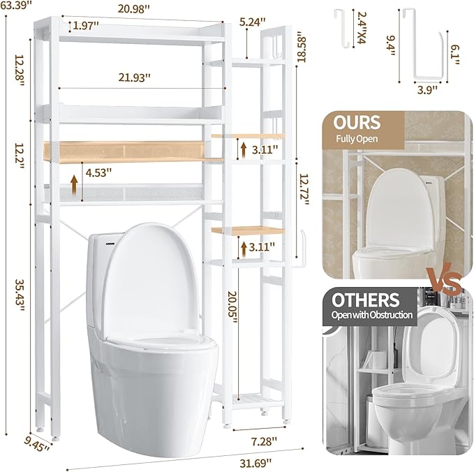 Housolution Over The Toilet Storage with 2 Drawers, 7 Tier Over Toilet Bathroom Organizer with Height Adjustable Shelves and Hooks, Space Saver Above Toilet Rack for Bathroom/Restroom/Laundry, White