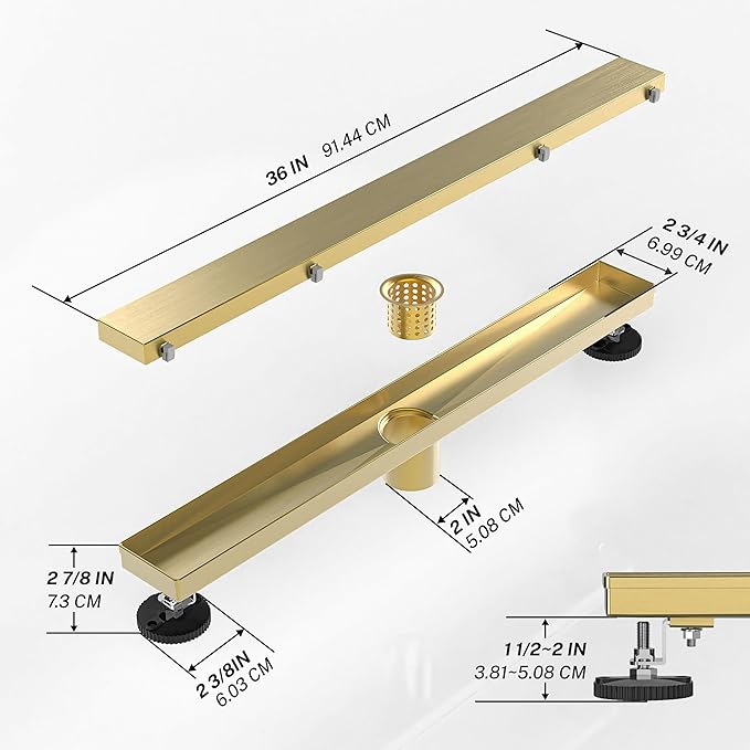 Linear Shower Drain.36 Inch Shower Trench Drain with 2-in-1 Flat Cover & Inser Cover,304 Stainless Rectangle Steel Shower Floor Drain with Hair Strainer and Leveling Feet (Gold, 36 in)