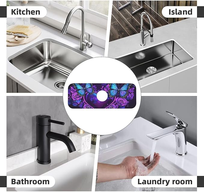 Butterfly Heart Roses 15" X 5.5" Kitchen Sink Splash Guard, Faucet Guard Draining Mat, Faucet Suction Pad For Kitchen Bathroom