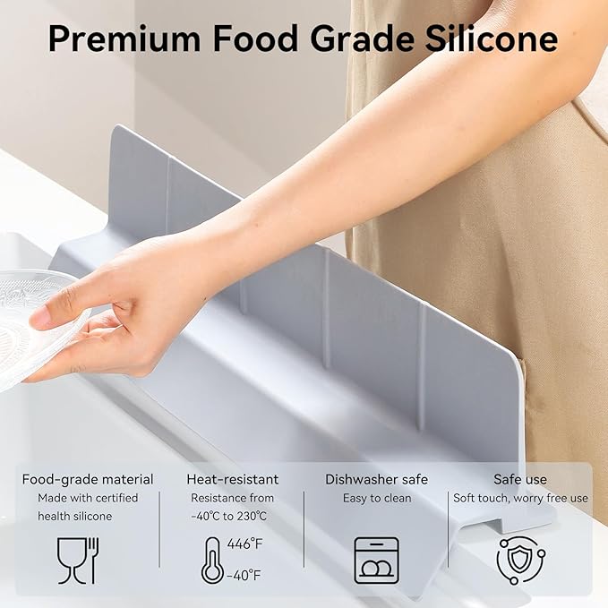 23" Kitchen Silicone Sink Water Splash Guard - Non Slip Suction Sink Splash Protector with Ramp Design for Kitchen Island & Bathroom, Dishwasher Safe, Grey