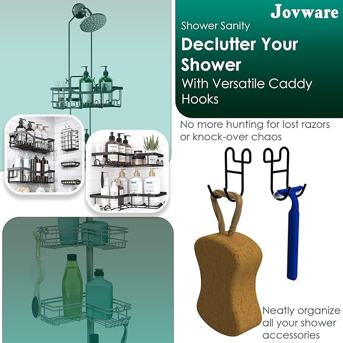 Black Shower Caddy with Hooks - 2 Pack Open, Shower Caddy with Loofah Hooks