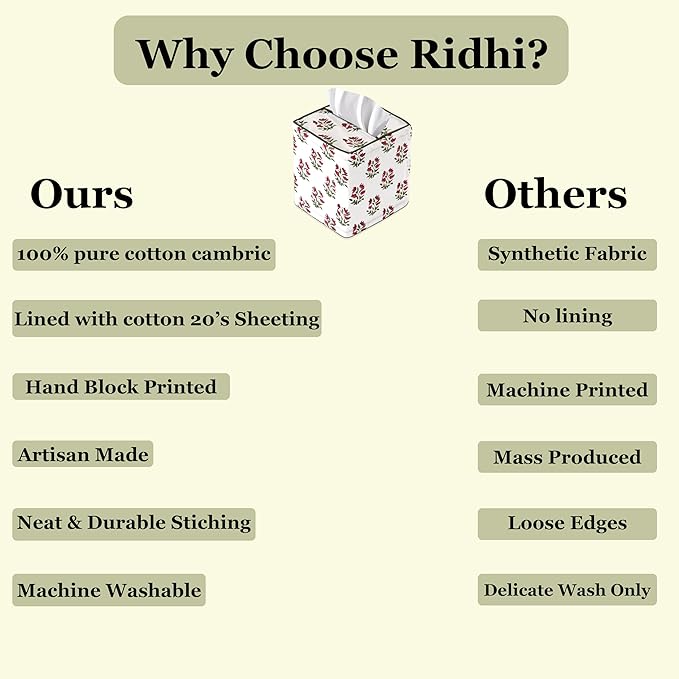 Ridhi Marmalade Red Block Print Tissue Box Cover – Handmade Cotton Fabric Tissue Holder for Home Bedroom Living Room Bathroom Vanity Car Nightstand Office Kitchen – Decorative Square Napkin Holder