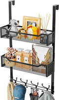 SWTYMIKI Over The Door Hooks Organizer - Multi-Functional Door Hanger with 16 Hooks & 2 Mesh Baskets, Long Coat Rack for Bathroom, Bedroom, Living Room, Home Storage Organizer, Black