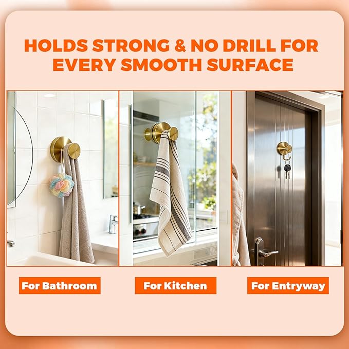Suction Cup Hooks for Shower & Bathroom - Gold No-Drill Hangers for Glass, Mirror, Tiles - 6 Pack for Towel Hooks, Wreath Hangers & Home Organization (2026 Upgraded)