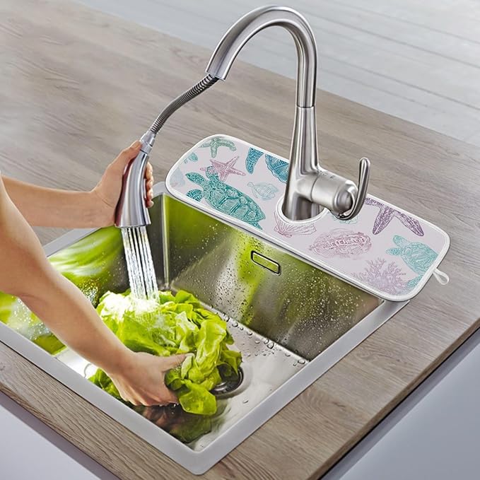Sink Faucet Absorbing Mat Kitchen Sink Splash Guard Splash Faucet Drip Catcher for Bar RV Bathroom 2PCS 23.6x5.5in Line Turtles Starfish and Coral